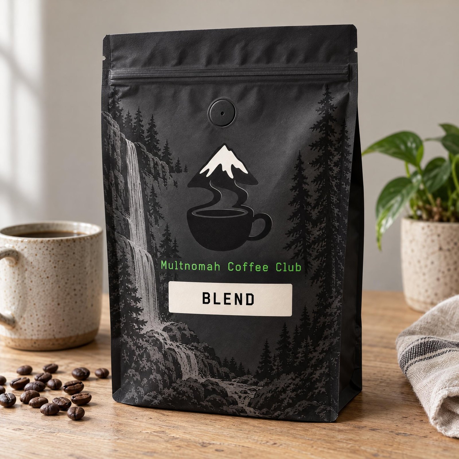 A bag of blend coffee on a table