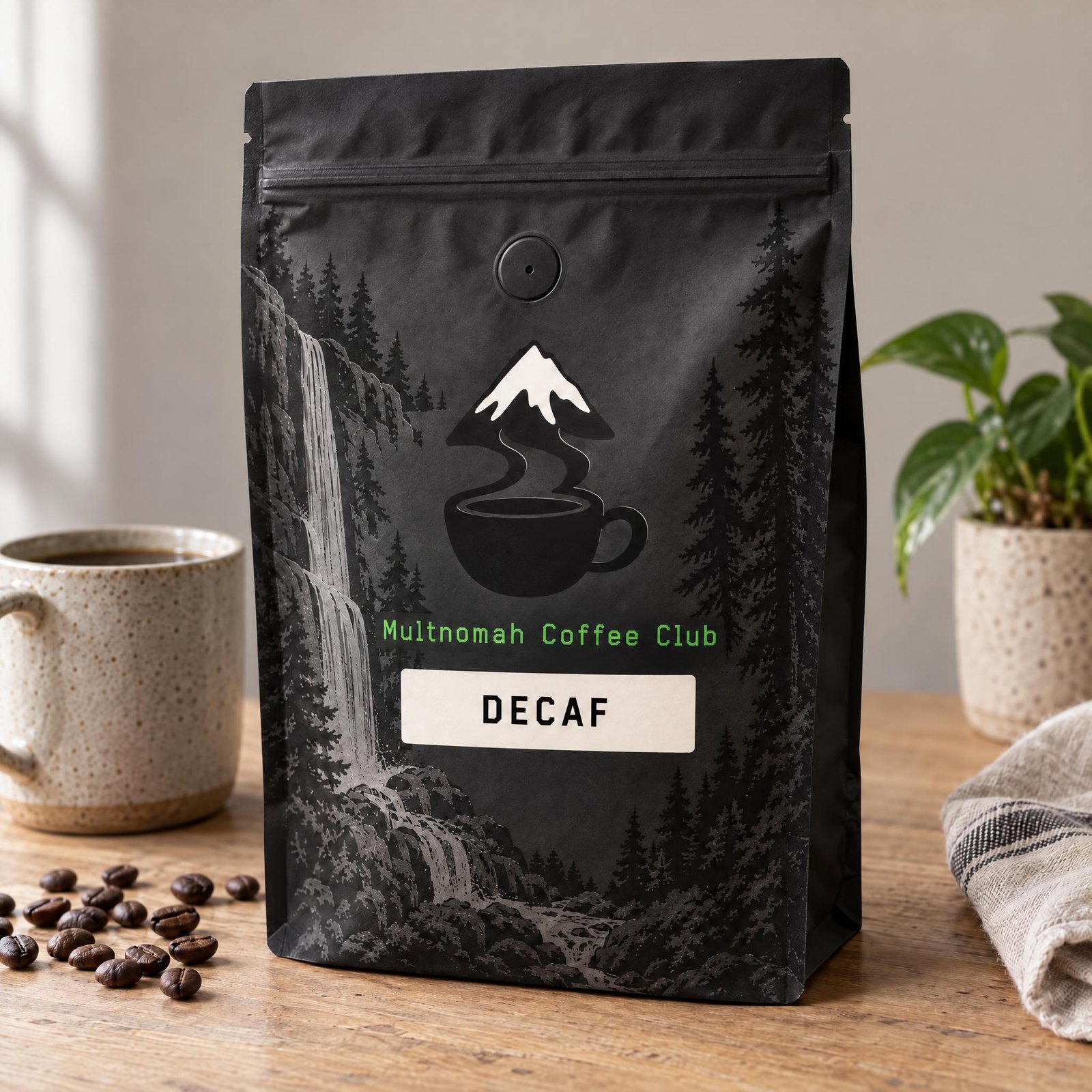 A bag of decaf coffee on a table