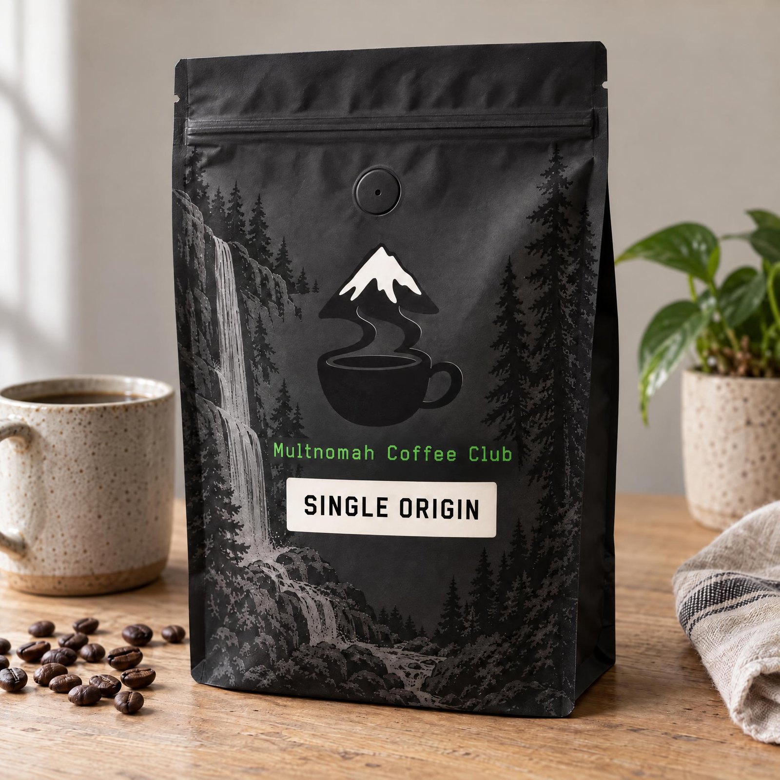 A bag of single origin coffee on a table